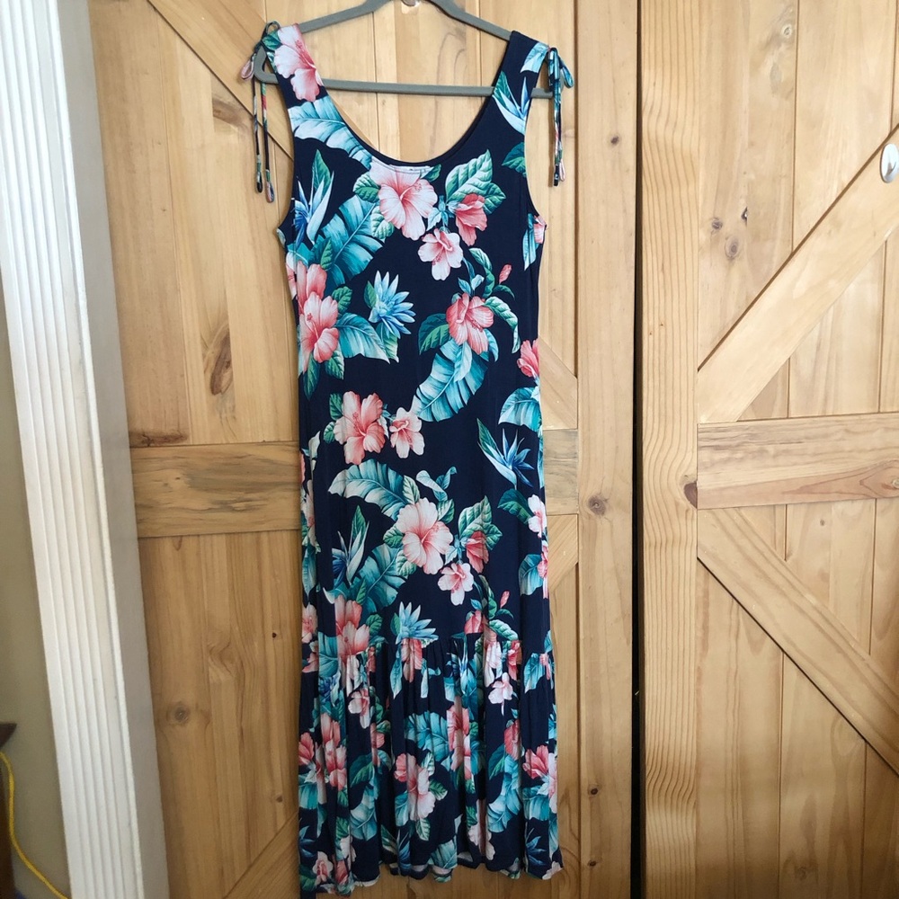 Tommy Bahama Navy Floral Midi Dress with Pink & Teal Blooms Womens M